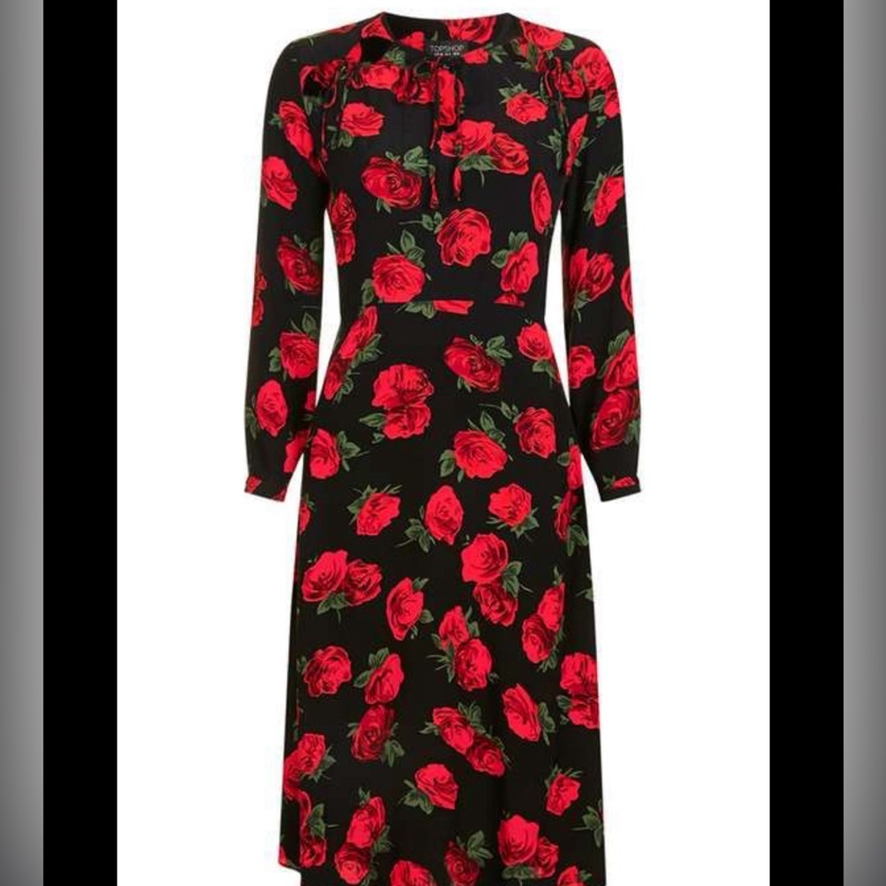 Topshop red rose floral dress bow neckline